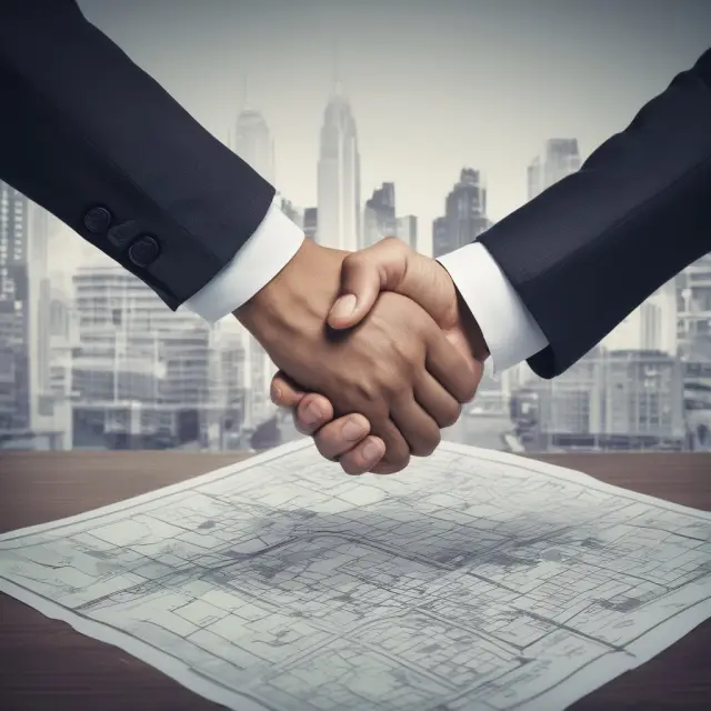 A lawyer and realtor handshake over zoning maps, emphasizing the importance of legal and regulatory considerations in hard money lending
