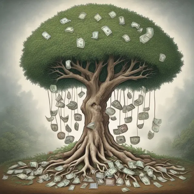 A tree with democracy symbols growing from its roots and a hard currency sign at the top, representing political maturity and a stable economy