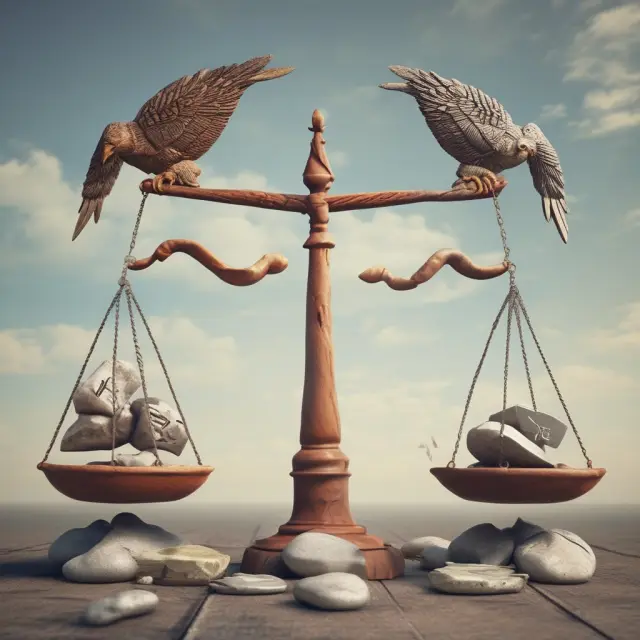 Hard currencies represented as solid stones, contrasted with soft currencies depicted as feathers, on a balance scale, reflecting resilience in economically volatile situations.
