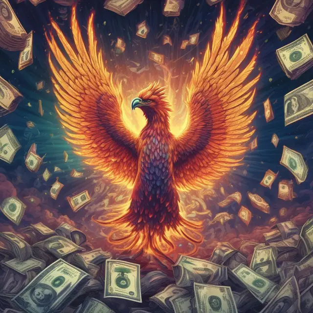 A mythical Phoenix, made of various currencies, emerging from a turbulent sea, illustrating the resilience and stability of hard currency economies.