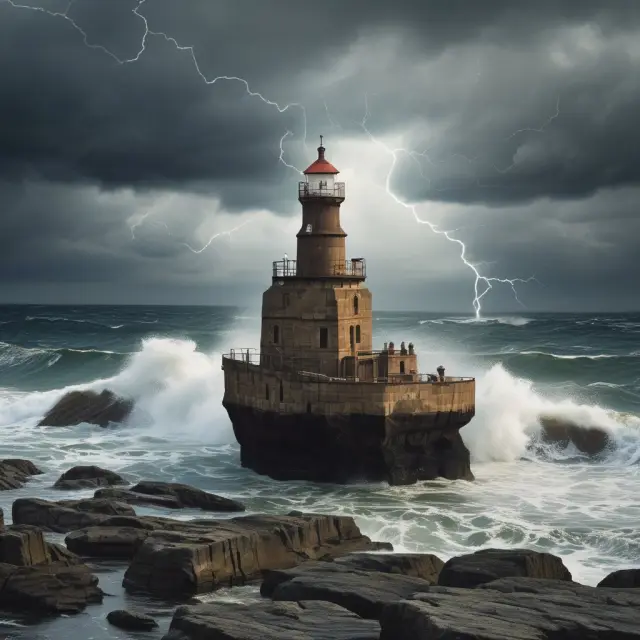 Metaphorical image of financial crises as stormy seas, testing the resolve of institutions on the shore