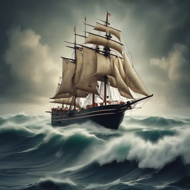 An expert economist in a boat sailing through turbulent waters, symbolizing the hardening conditions