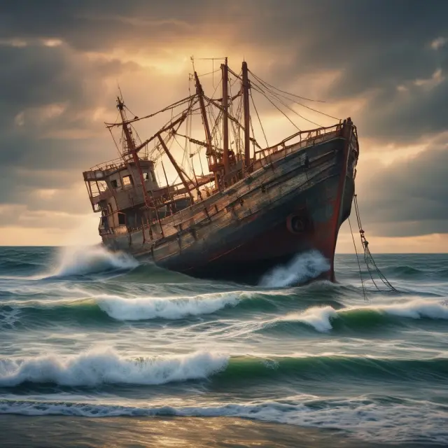 An economic tide pulling back, leaving an overextended boat struggling to navigate through turbulent waters, reflecting the challenges of achieving a soft landing.