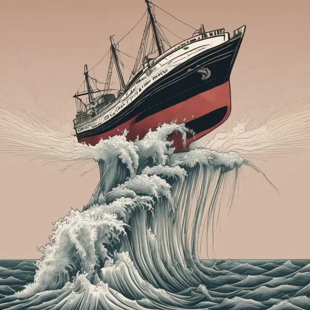An image of a stock market graph diverging from an otherwise stable trend, with a ship sinking in the background, highlighting a hard landing