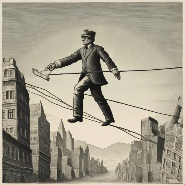 An image of a tightrope walker delicately balancing between two large scales representing interest rates and economic growth, emphasizing central banks