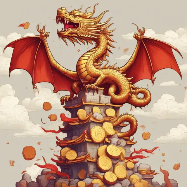 Dragon precariously balancing on coins and debt scrolls, representing China