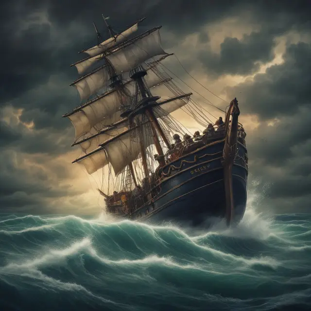 A ship braves turbulent waters, representing an economy during a hard landing. Passengers hold onto emotional anchors illustrating individuals