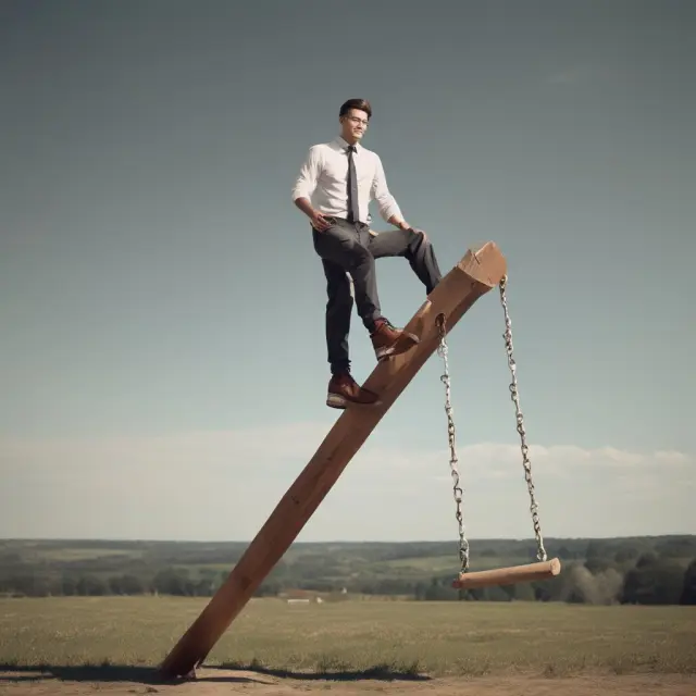 An investor balances on a seesaw during an economic hard landing, shielded against market volatility by diversification and a long-term perspective