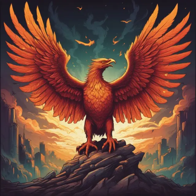 Phoenix rising from economic ashes with global map, illustrating lessons learned from past recessions