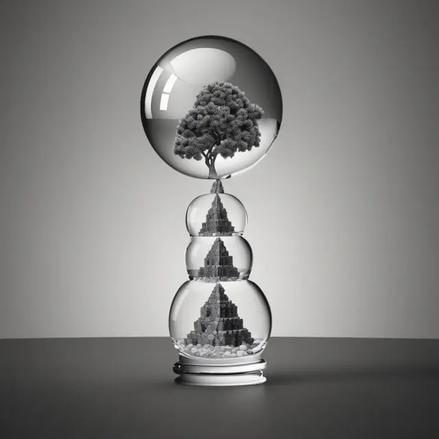 Glass ball symbolizes economic stability, while pyramid represents economic growth; depicting the tension between prosperity and potential downturn during a hard landing.