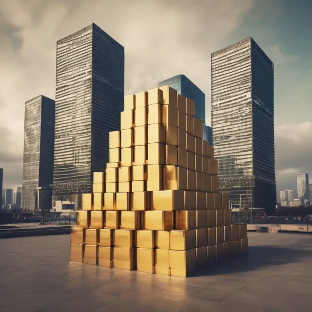 An image of golden bars forming a foundation for a cityscape consisting of modern banking buildings, symbolizing the role of hard money in supporting financial transactions