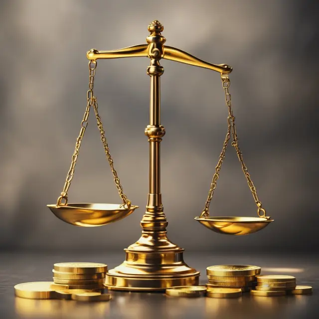 A golden scale with pans balanced by market demand, government policies, and economic conditions illustrating factors affecting the value of hard money