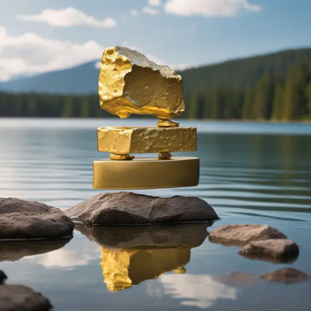A golden nugget resting on a scale balanced between a turbulent stock ticker and a calm lake, illustrating hard money