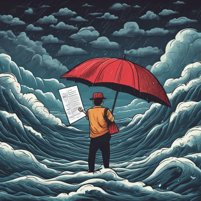 Person with ACA card navigating stormy sea symbolizing healthcare costs; seeking shelter under ACA umbrella.