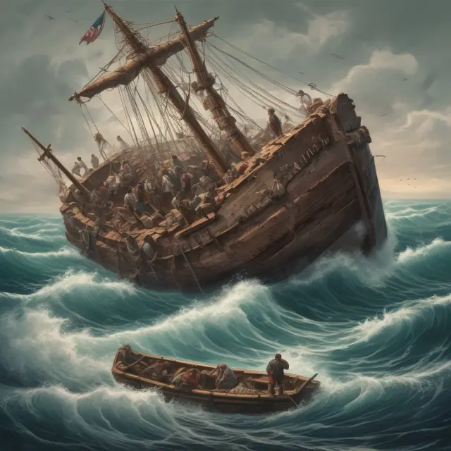 Stranded person on a raft amidst waves bearing hardship exemption labels