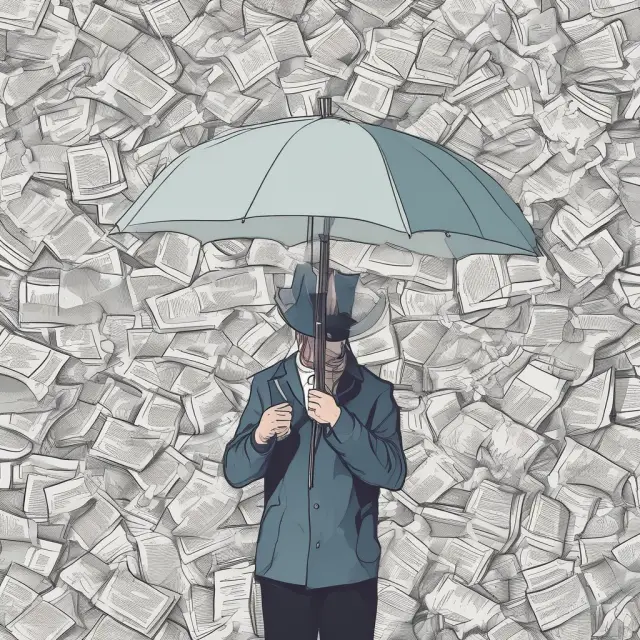 Person applying for a hardship exemption holding a fragile umbrella against overwhelming documentation.