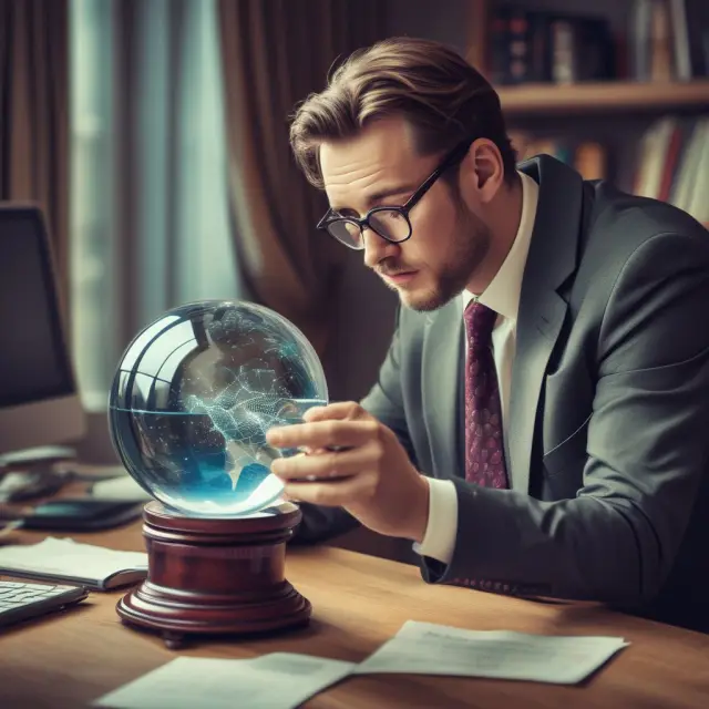 Analyst examines chart with crystal ball, identifying key support levels for placing effective hard stops