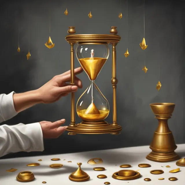 A painter depicts a hard stop strategy with gold hands releasing shares from an hourglass during a declining stock price