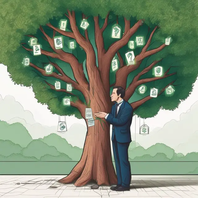Broker in front of a tree, nurturing it by providing water from a jug labeled 