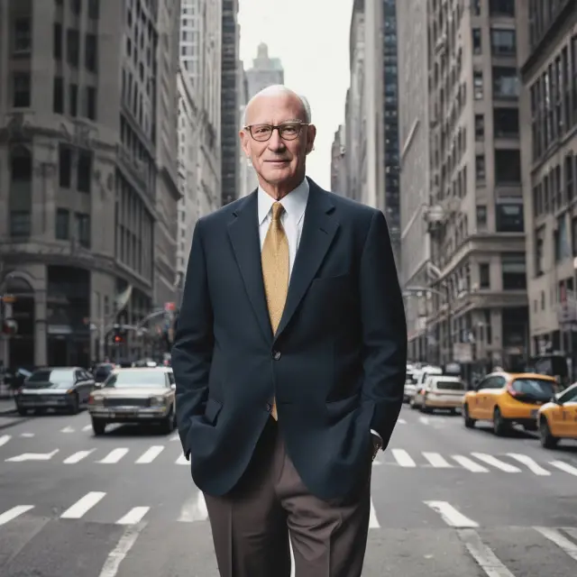An image of Harry Markowitz standing at a crossroads with a stack of individual stock symbols behind him, symbolizing the shift from individual stocks to diversified portfolios.