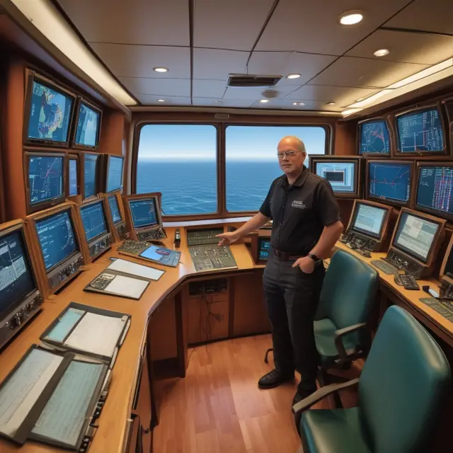 A personification of Harry Markowitz steering a ship in the sea of finance, symbolizing his groundbreaking work on portfolio theory and the efficient frontier.