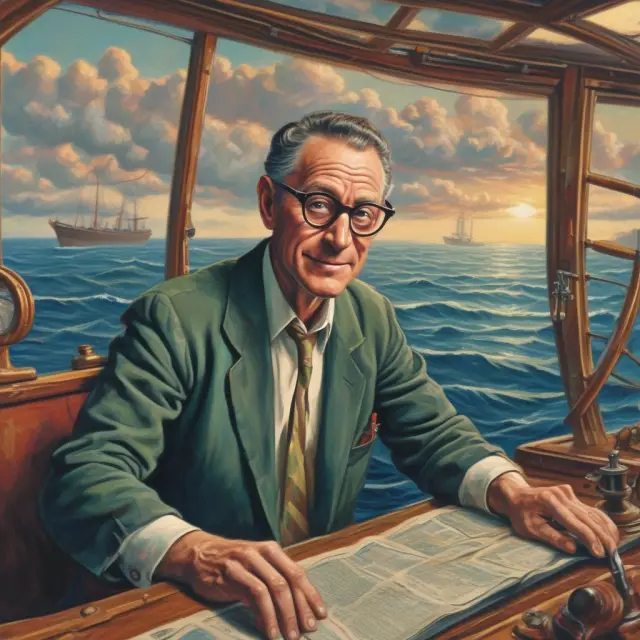 Harry Markowitz guiding a ship through a vast ocean of stocks, illustrating Modern Portfolio Theory