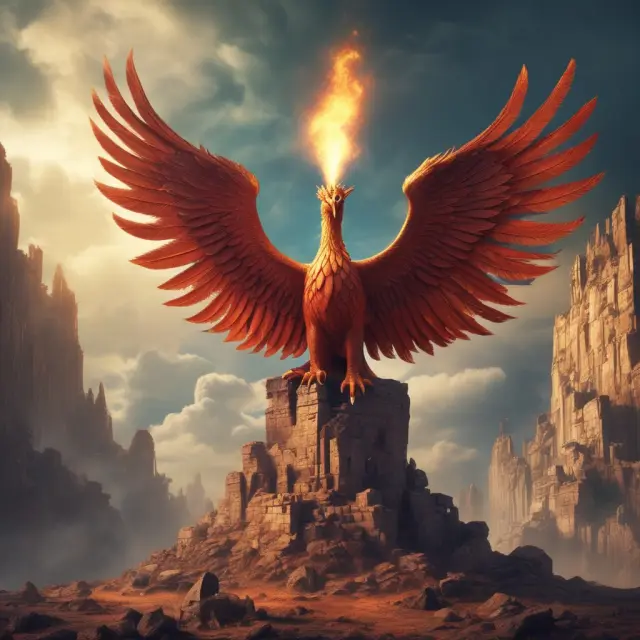 Phoenix rising from a pile of financial documents symbolizes the Failing Firm Exemption in HSR Act mergers.