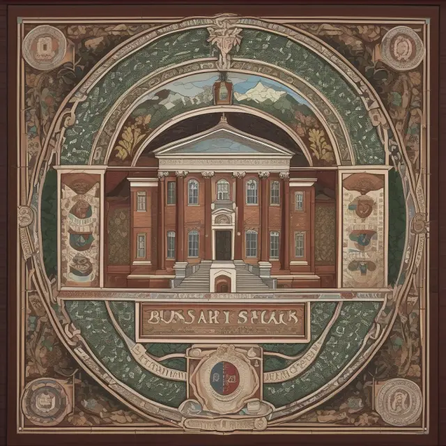 A mosaic depicting the history of Harvard Business School, featuring milestones, publications, and influential alumni.