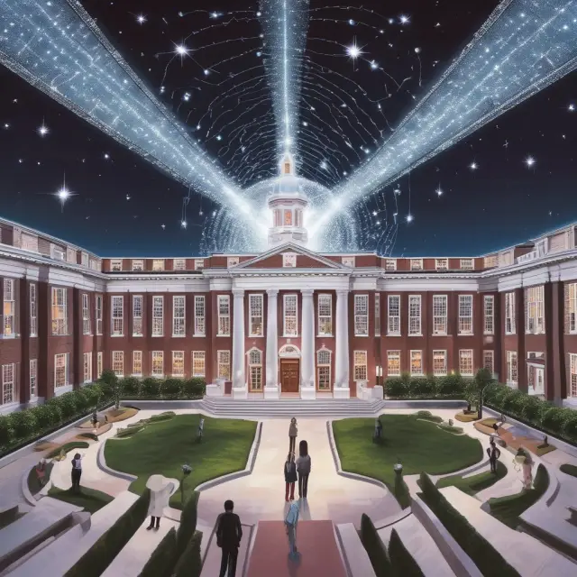 A shining star representing Harvard Business School surrounded by smaller stars symbolizing other top business schools, emphasizing its reputation and opportunities