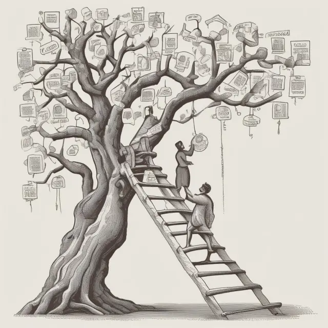 A person scaling a ladder formed by graduate degrees and reaching for an executive education branch with Harvard Business School