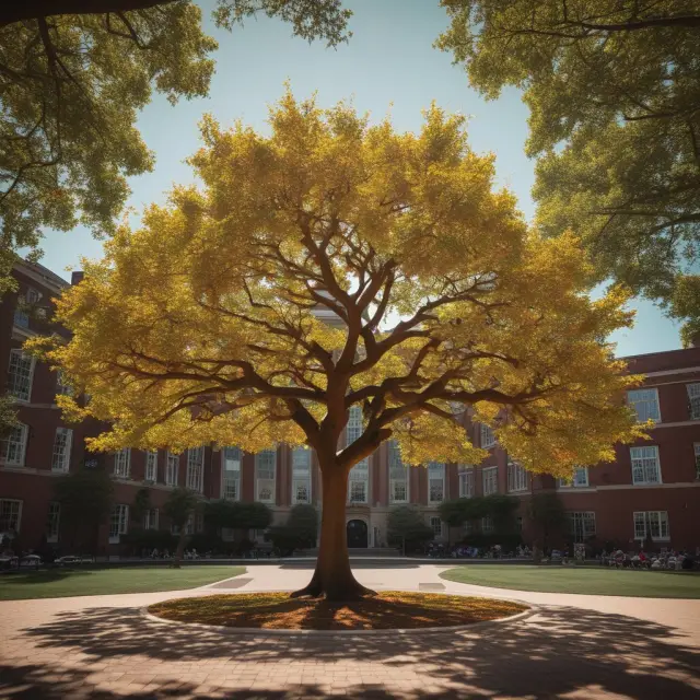Golden apple tree with Harvard Business School diplomas and logos, symbolizing prestige and success