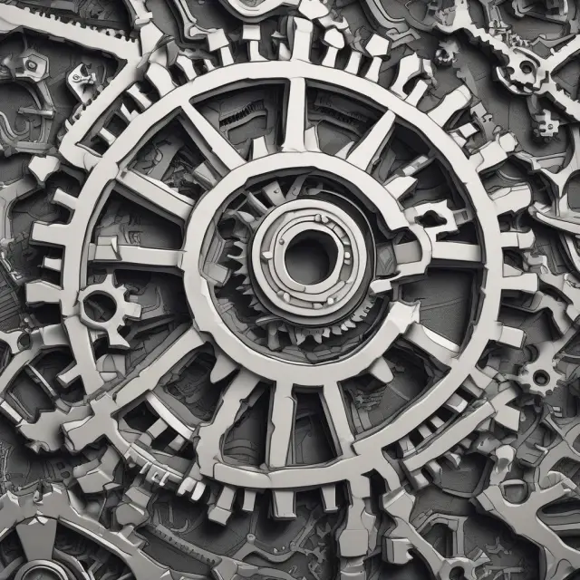 Cogs symbolizing data inputs collide and create a distinct hash output on a spinning gearwheel, showcasing the collision-free, hidden, and puzzle-friendly properties of cryptographic hash functions.