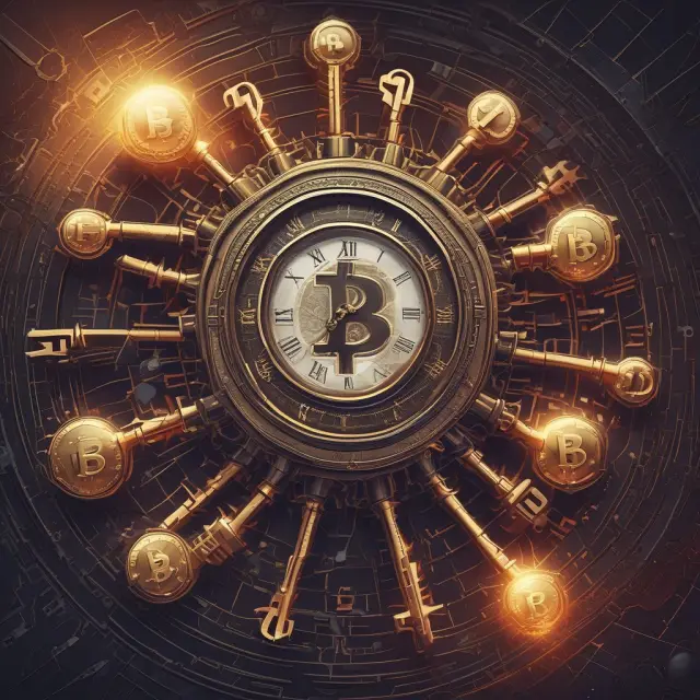 Hashlock and timelock keys integrated with clock gears, illustrating secure and time-bound HTLC transactions within Bitcoin