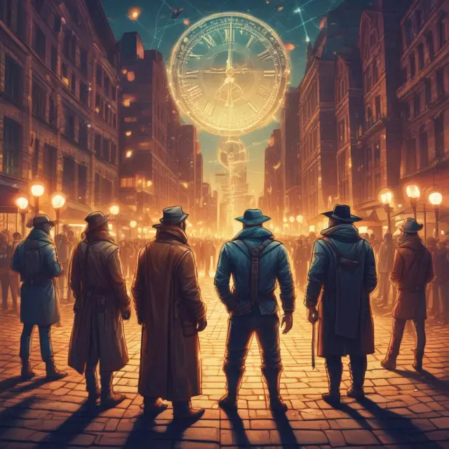 Two cryptographic time-travelers interacting, surrounded by symbols representing hashlock contracts and blockchains.