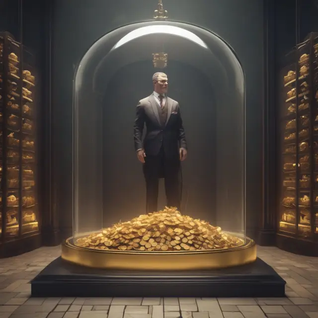 A timekeeper holding gold coins in a clear vault, representing the security and trust provided by Hashed Timelock Contracts