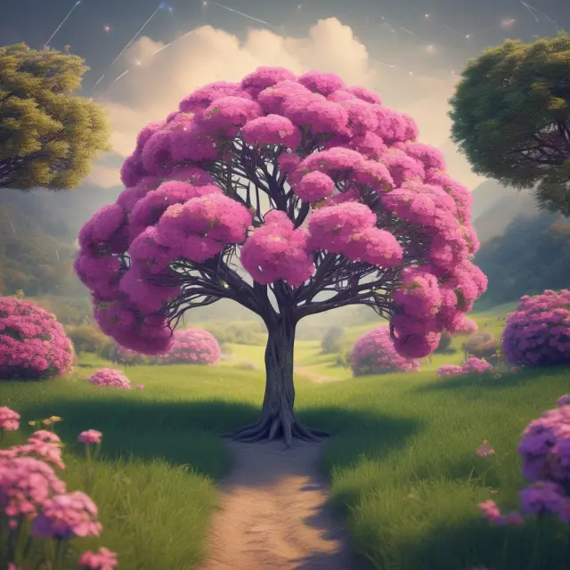 A lush field filled with blockchain trees bows to a towering hashgraph tree, representing the current state and future possibilities of distributed ledger systems