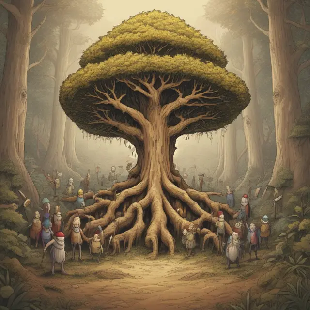 Gnomes guarding a golden hashgraph tree from malicious trolls, representing security and performance advantages of the consensus mechanism