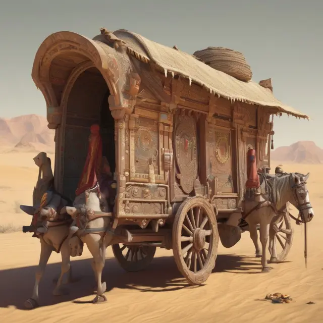 A camel caravan journeying through a desert, with merchants exchanging trust symbols to illustrate Hawala