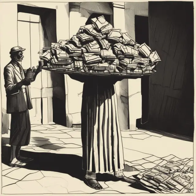 A hawala dealer weighing the risks and rewards in a shadowy room, representing the ambiguous nature of illicit transactions