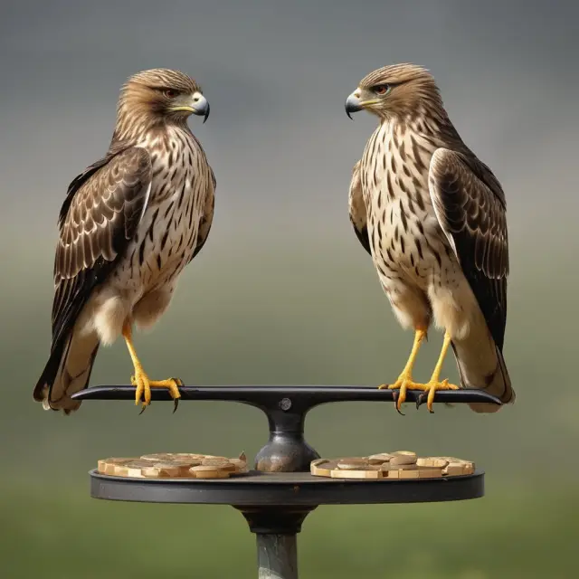 A bird representing hawks perched on one side of a balance, symbolizing inflation control; a dove representing doves on the other side, illustrating economic growth.