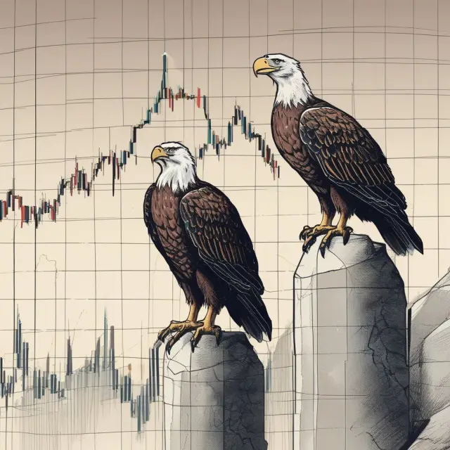 Two eagles protecting financial charts, symbolizing prominent hawkish policymakers Esther George, Loretta Mester, and Raphael Bostic