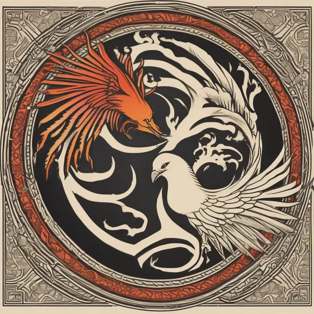 An image of yin-yang scales with a phoenix rising from the center, representing the balance between the advantages (phoenix) and disadvantages (yin-yang) of hawkish policies.