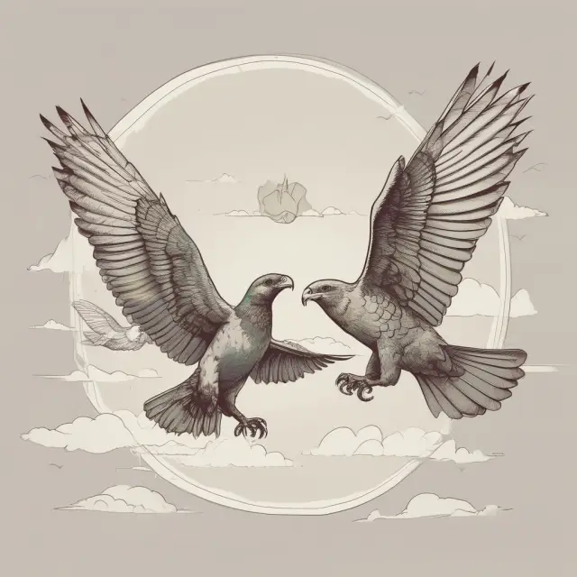 An eagle (hawk) balances on one leg while two dove statues represent inflation and economic growth
