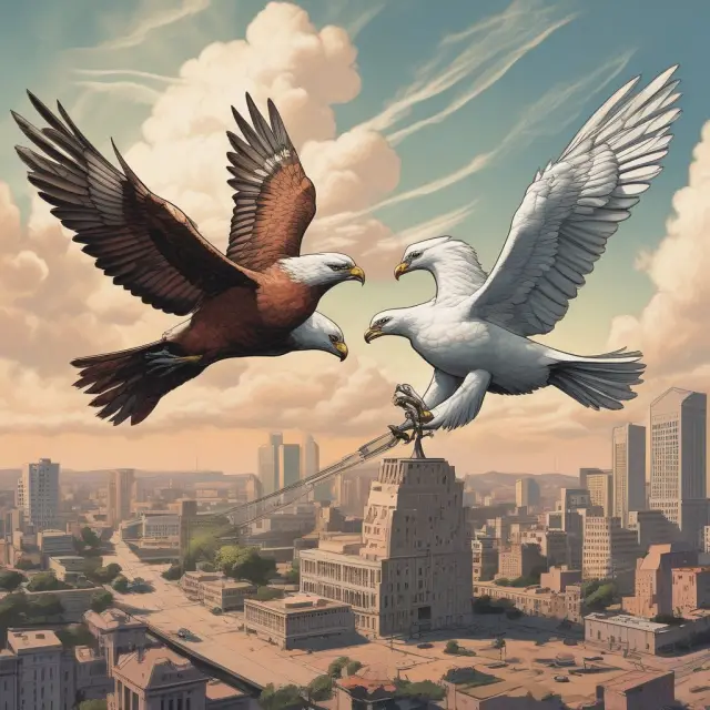 Two birds, representing hawkish and dovish monetary policies, balanced on a weathered seesaw amidst an economic landscape with fluctuating prices and employment indicators