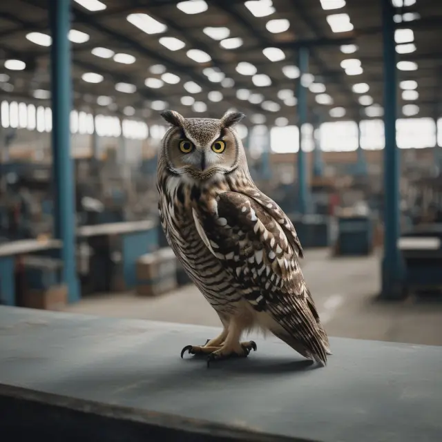 An observant owl sits atop a factory floor, representing the Hawthorne Effect and its impact on worker productivity.