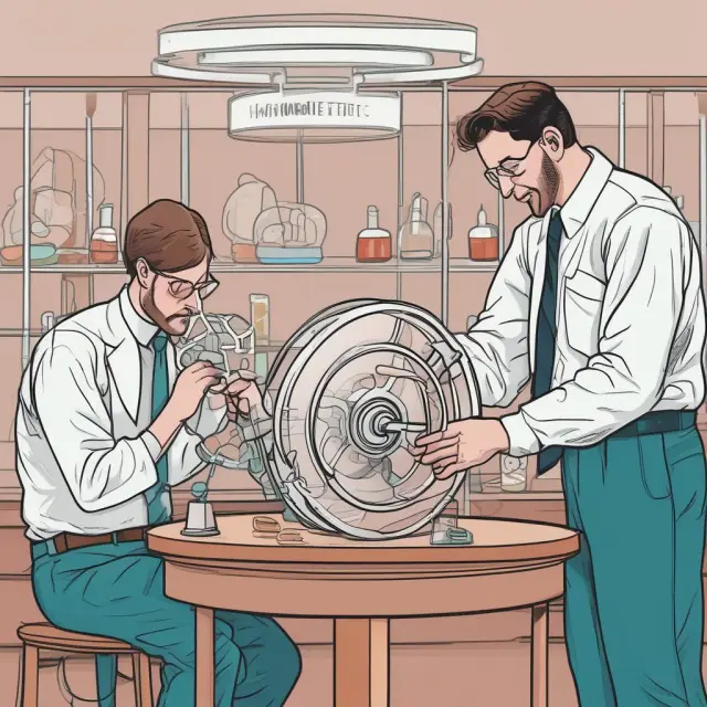 Two researchers in lab coats discuss the validity of the Hawthorne Effect as they observe a lab rat on a running wheel