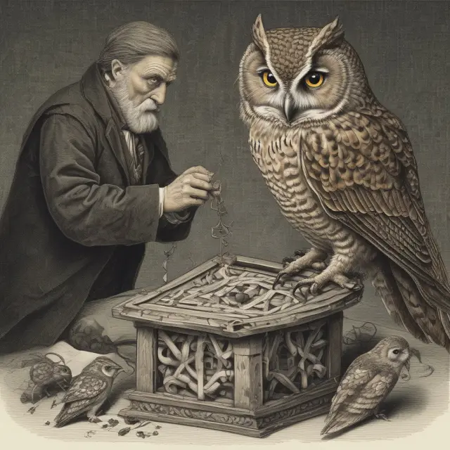 Researchers working on a puzzle under the watchful gaze of an owl, representing their effort to mitigate the Hawthorne Effect in studies