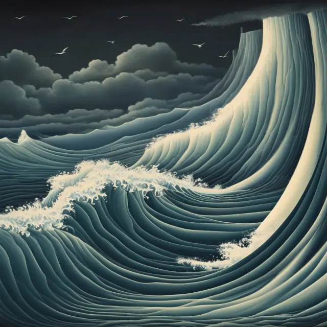 Visualizing the three phases of the bathtub curve: infancy with rising waves, useful life as a calm sea, and wear-out characterized by stormy seas