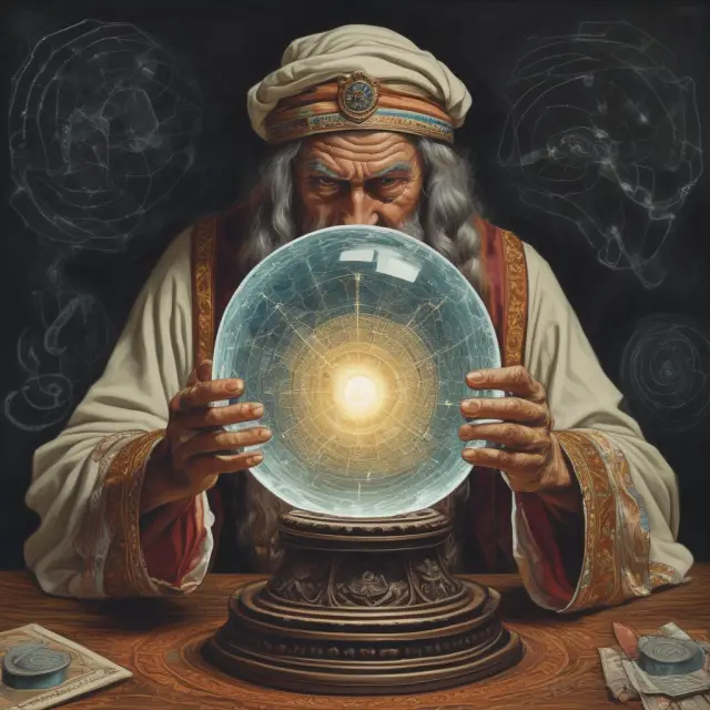 Sage analyzing advanced financial data in a crystal ball, reflecting trends for credit risk assessment and portfolio optimization