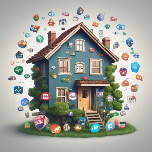 Image of a house guarded by a glowing force field composed of diverse insurance symbols, symbolizing comprehensive hazard insurance.
